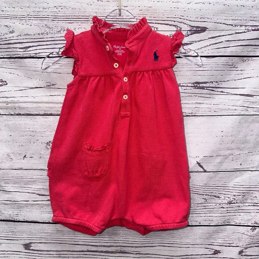 Ralph Lauren Girls Red/Pink Ruffle Onepiece Romper Size 9 Months